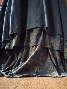 Flowing Reversible Navy Tiered Cotton Maxi Dress with Gold Pattern